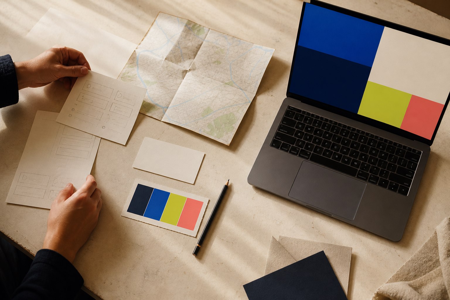 A tactile worktable with unbranded business notes, a map, color swatches, and an abstract website layout on a laptop