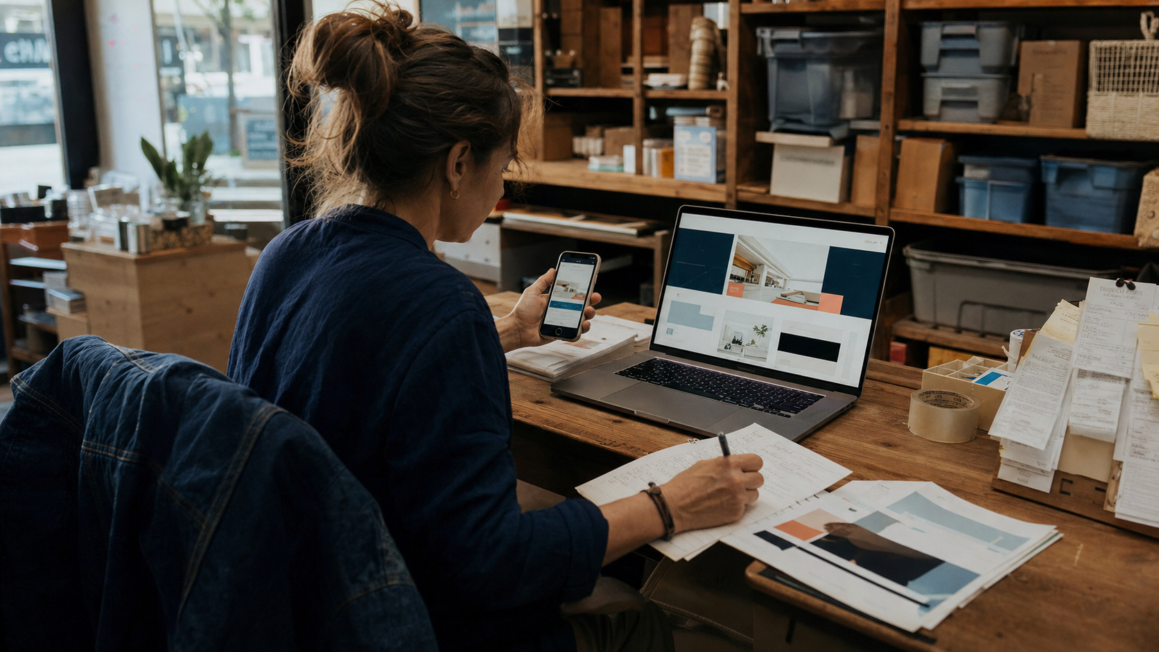 A small-business owner reviewing a new website on a laptop and phone in an active back room