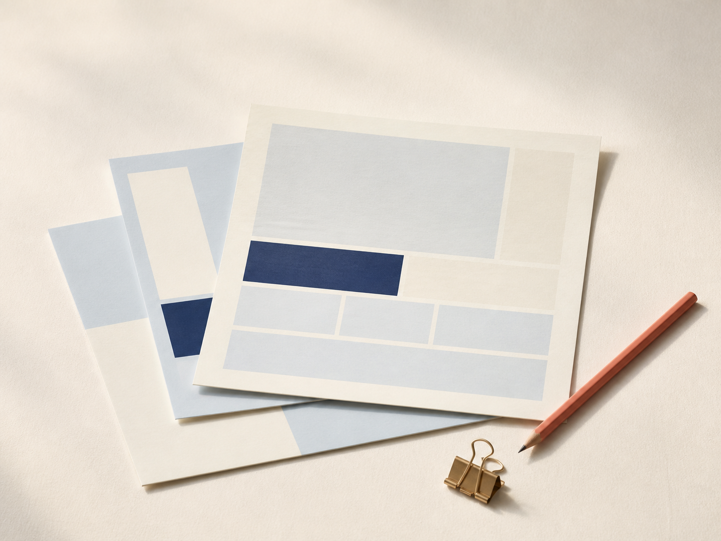Editorial layout sheets representing website copy and design